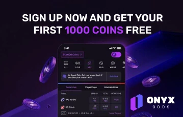 Onyx Odds promo bonus welcome screen showing 1000 free coins offer